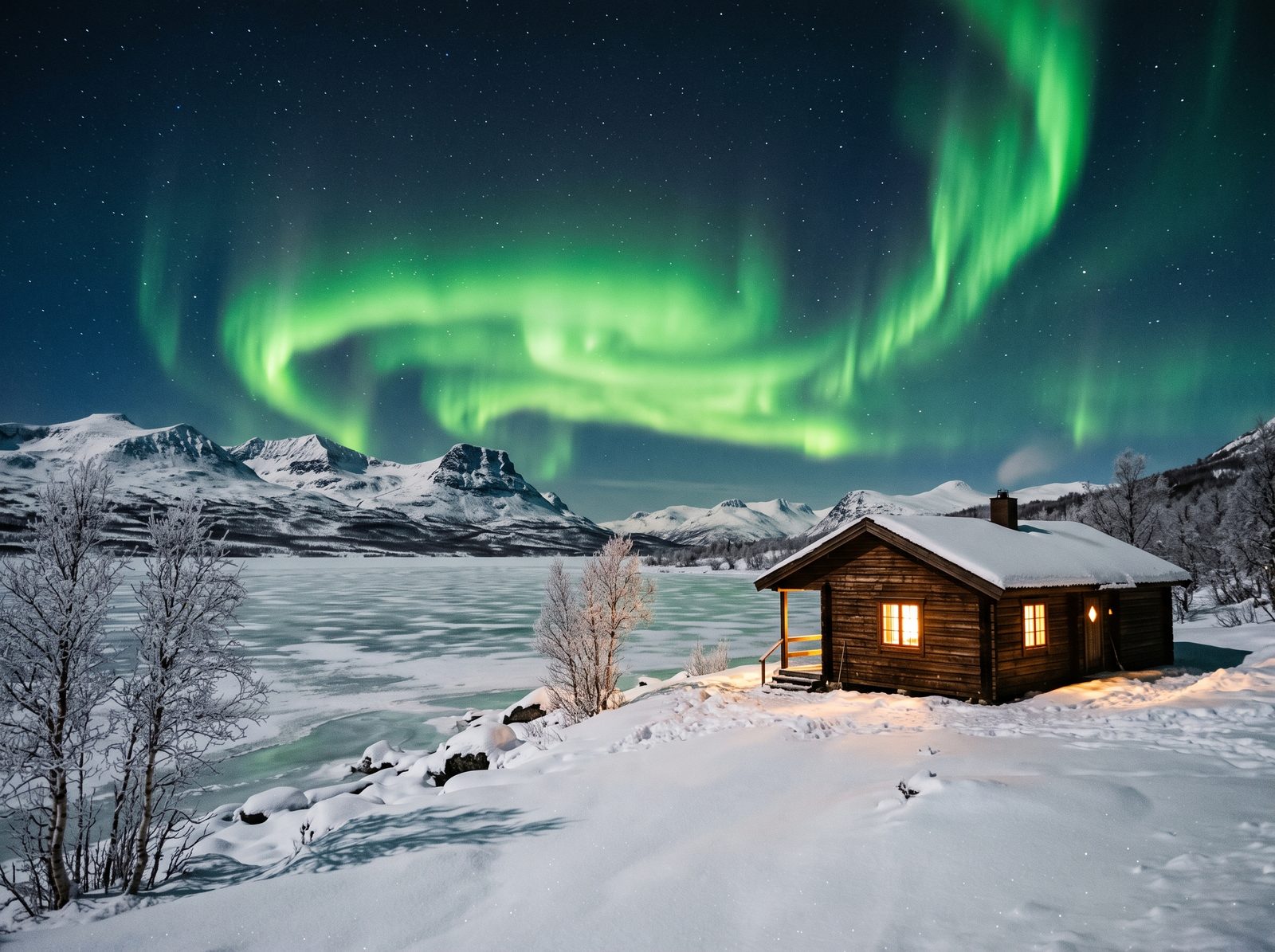 Aurora boreal e inverno nórdico