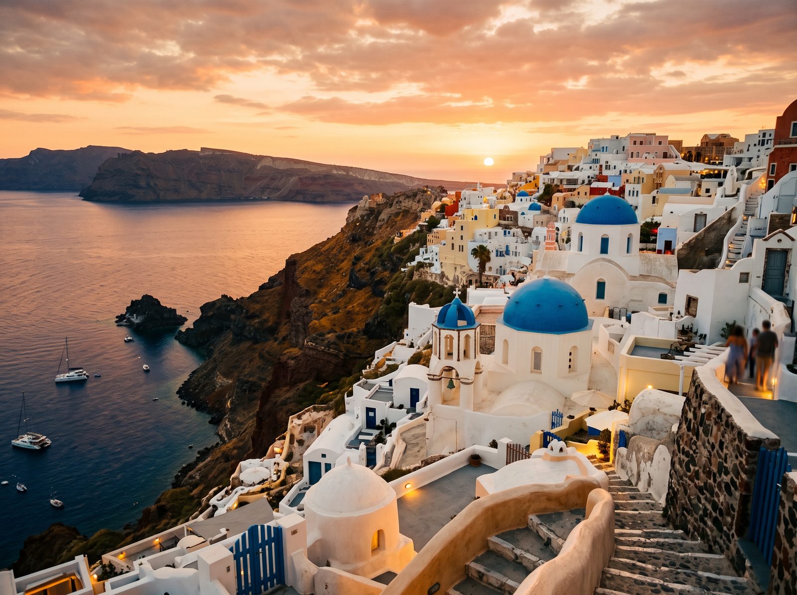 Cúpulas azuis de Oia em Santorini ao entardecer