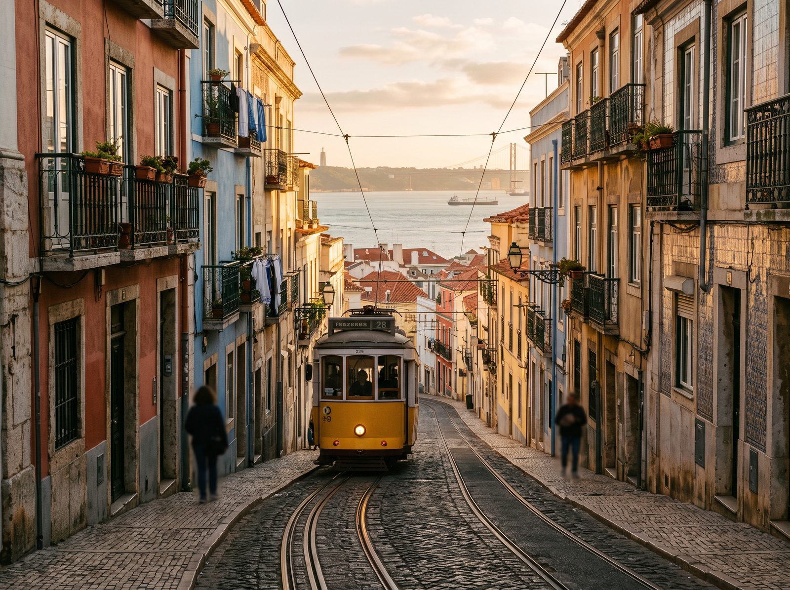 Bonde amarelo subindo uma ladeira de Lisboa
