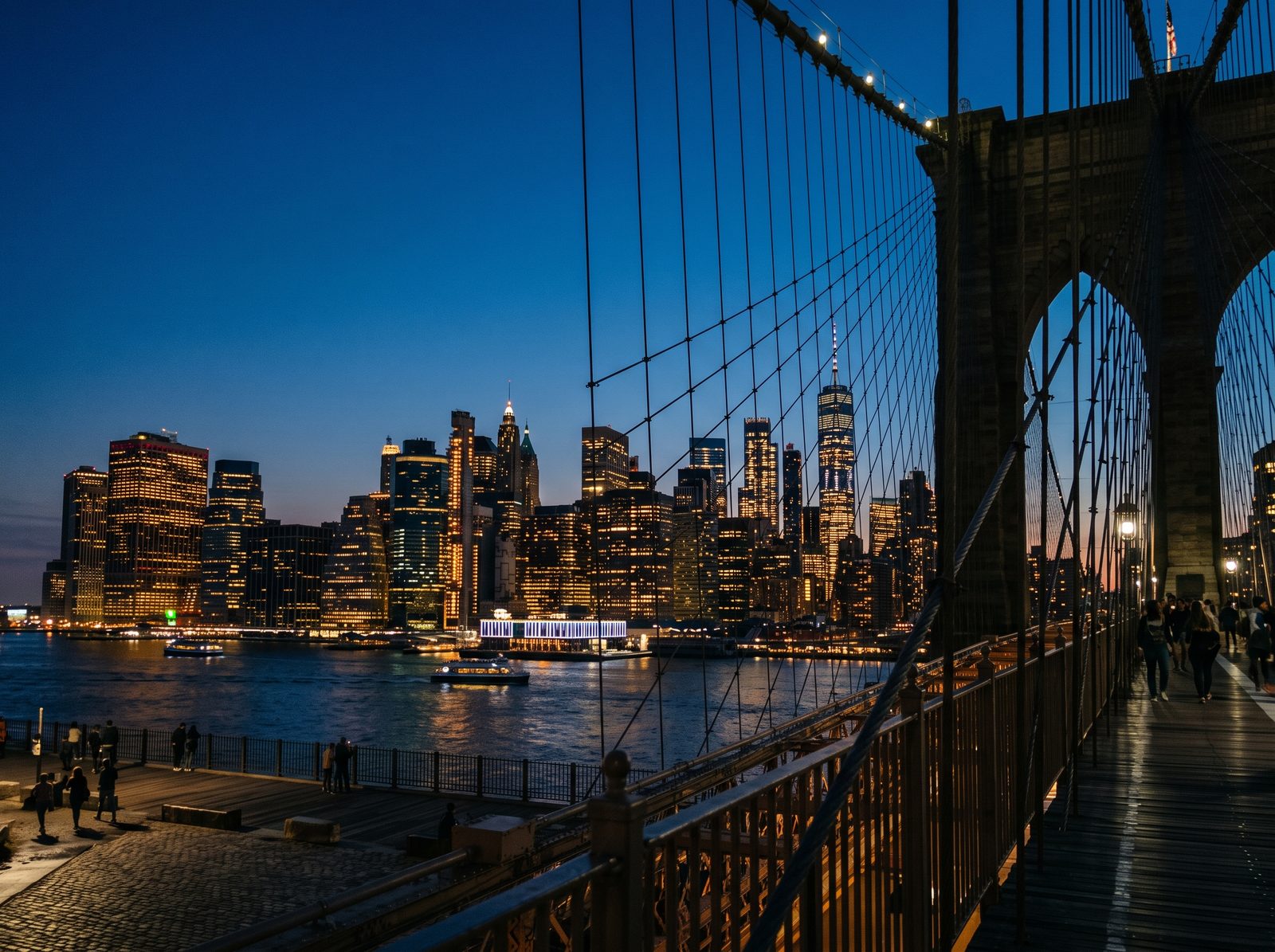 Skyline de Manhattan e a ponte do Brooklyn ao entardecer