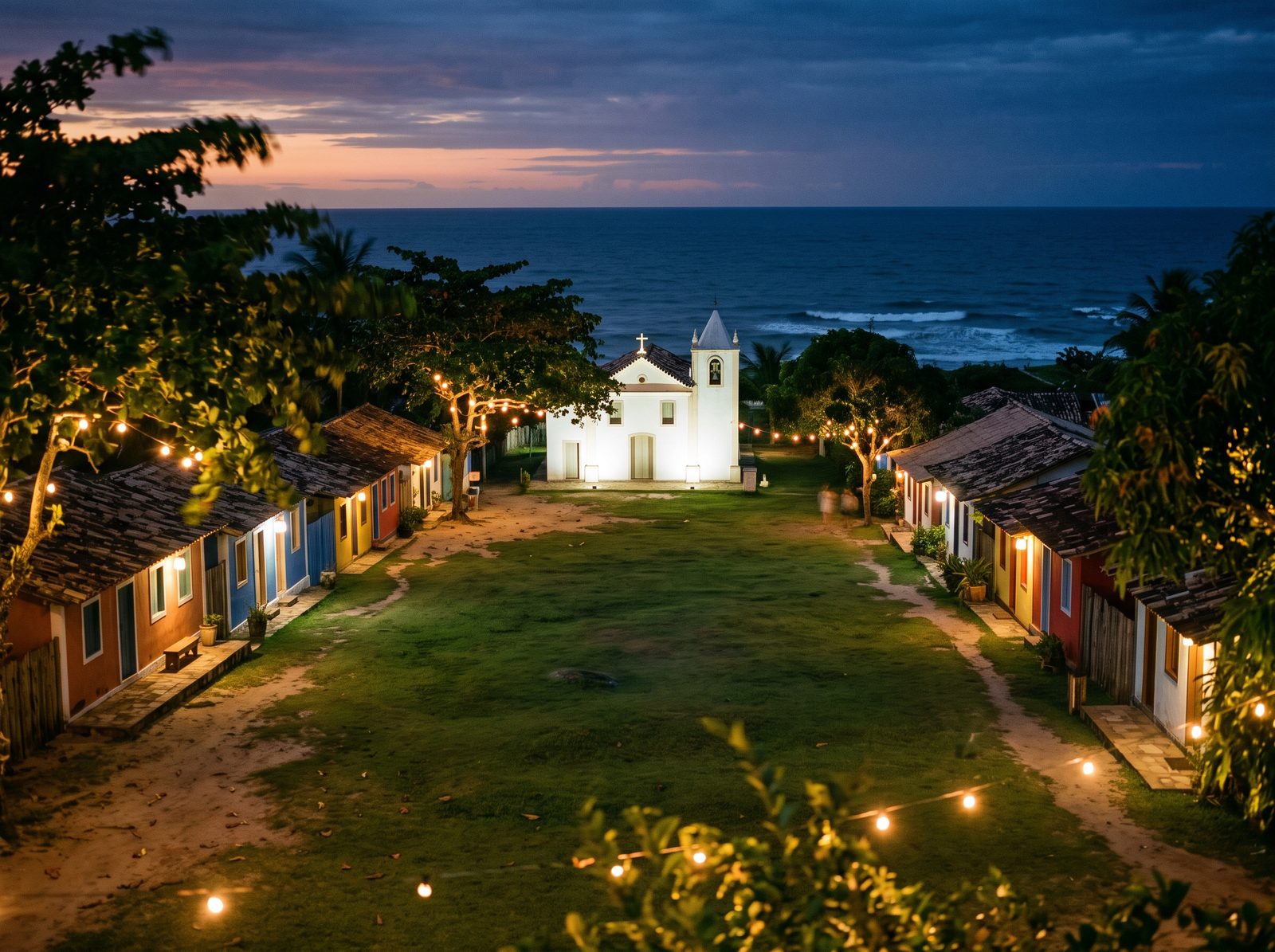 Quadrado de Trancoso com casinhas coloridas ao entardecer
