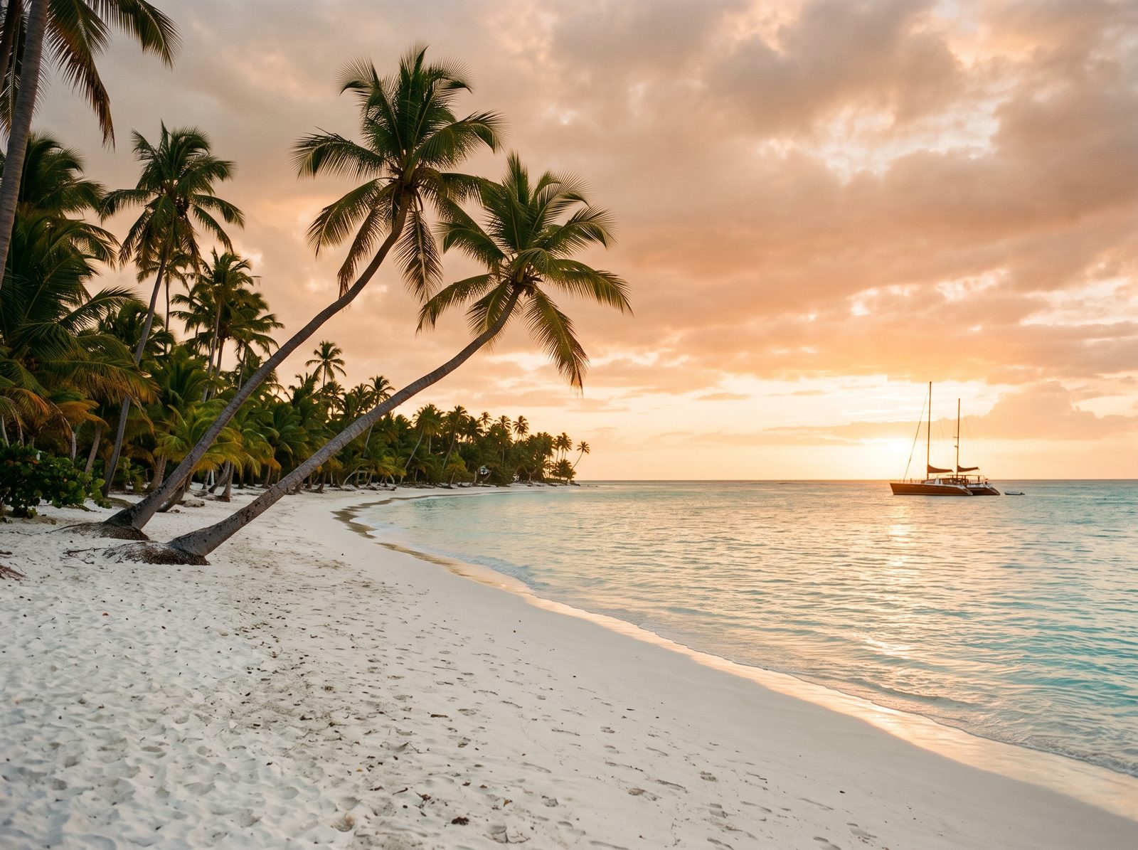 Praia de areia branca e coqueiros em Punta Cana